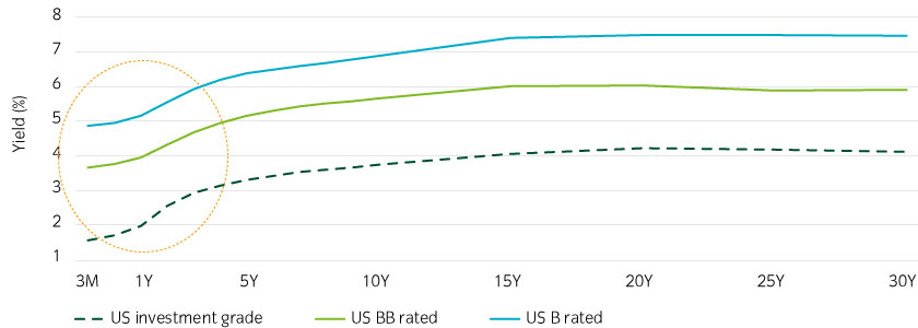 High yield bonds have a single credit rating regardless of maturity, which can result in compelling premium at the front-end