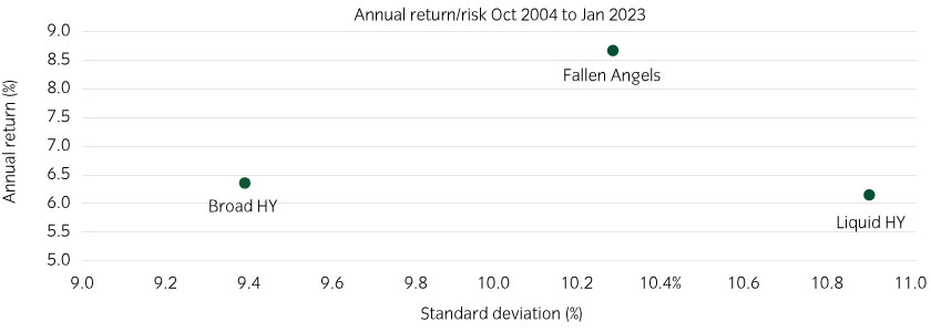 Fallen angels has delivered “higher octane” performance (higher returns and higher volatility) than the broader high yield market